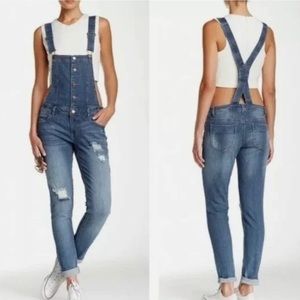 Tinseltown Denim Distressed Medium Wash Bib Overalls Size Large